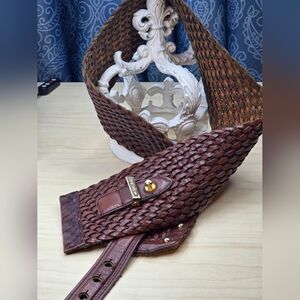 Michael Kors Brown Wide Braided Leather Belt Gold Tone Buckle Studs L 36-39